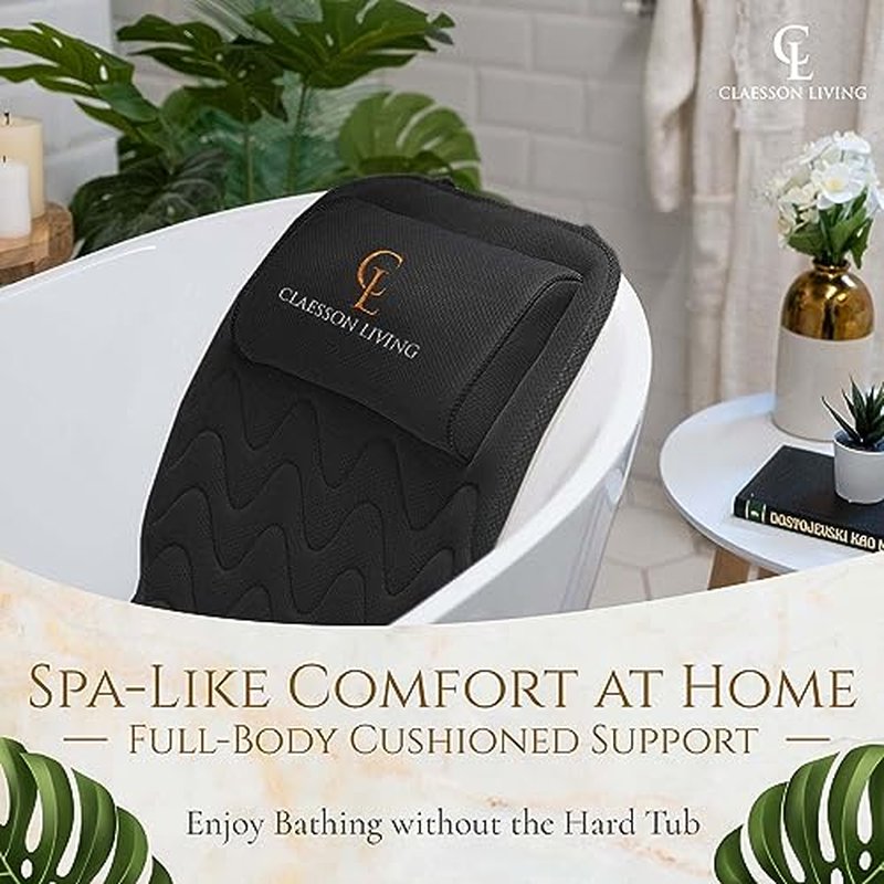 Claessonliving Full-Body Bath Pillow (17'' x 49'') - Bathtub Cushion with Headrest Supports Neck, Back and Legs - Free Hanging Hooks for Fast Drying Over Tub - Includes Washing and Travel Bags - Black