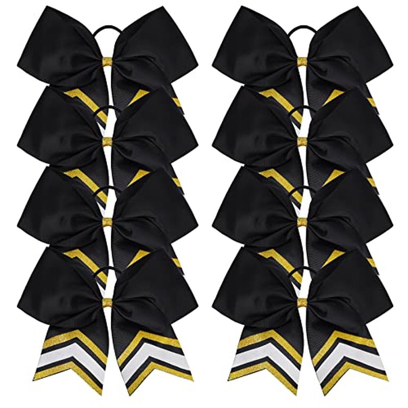 DEEKA 8PCS Large Glitter Cheer Bows Shiny 7" Cheer Hair Bows Ponytail Holder Handmade for Cheerleader Girls Softball Sports -Gold/Black