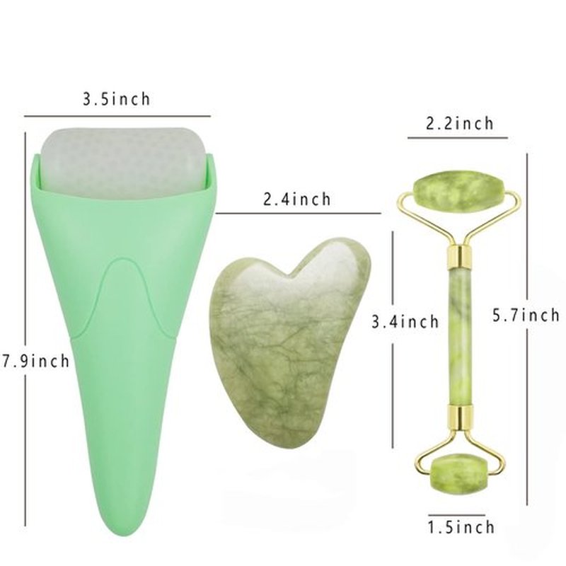 3 in 1 Ficial Face Ice Jade Roller and Gua Sha Tool, Natural Real Jade Anti-Wrinkle Face Eye Neck Massager Tool, Reduce Wrinkles, Puffiness, Migraine, Redness, Pain and Injury, Green