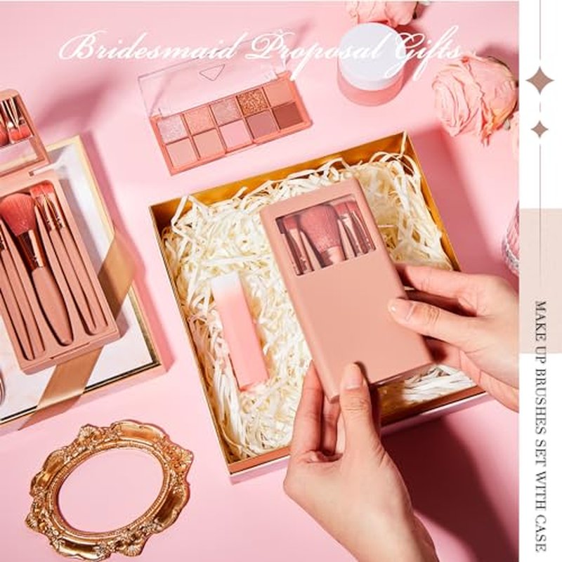 FoldTier 6 Sets Bridesmaid Proposal Gifts Mini Travel Makeup Brushes Bulk Bridesmaid Trip Bride Cosmetic Bag for Wedding Bridal Shower Bachelorette Party(Apricot Color)