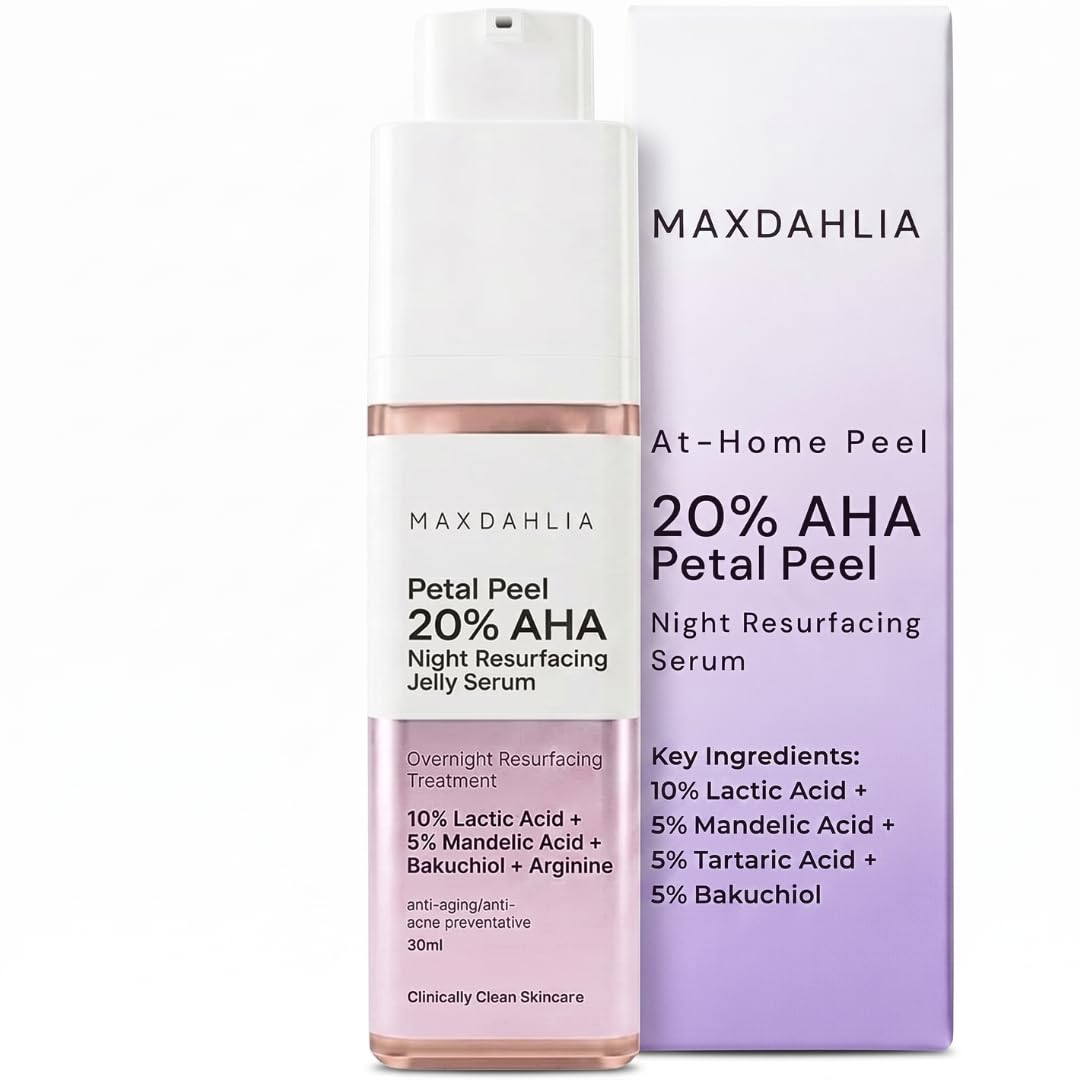 MAXDAHLIA Petal Peel 20% AHA Serum – Lactic + Mandelic Acid Chemical Peel for Dark Spots & Acne Marks | Bakuchiol Night Treatment | No Downtime | Safe for Sensitive & Acne-Prone Skin