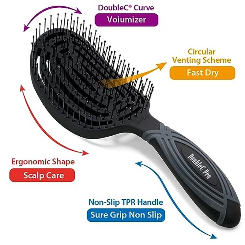 NuWay 4HAIR DoubleC U.S. Patented Double Curved Detangling Brush is Hair Dryer Safe (Iron Black)
