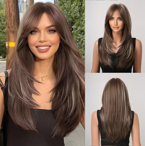 Esmee Long Straight Brown with Blonde Highlight Layered Synthetic Hair Wig with Curtain Bangs for Women for Daily Party Use-20 Inches