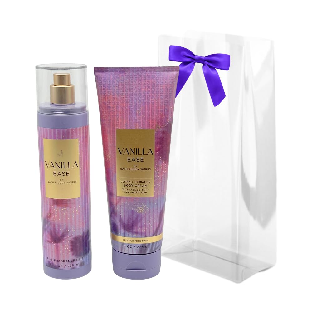Bath & Body Works VANILLA EASE Fine Fragrance Mist & Ultimate Hydration Body Cream 2-piece Gift Set with a Purple Bow for Gifts & Holidays – Full Size