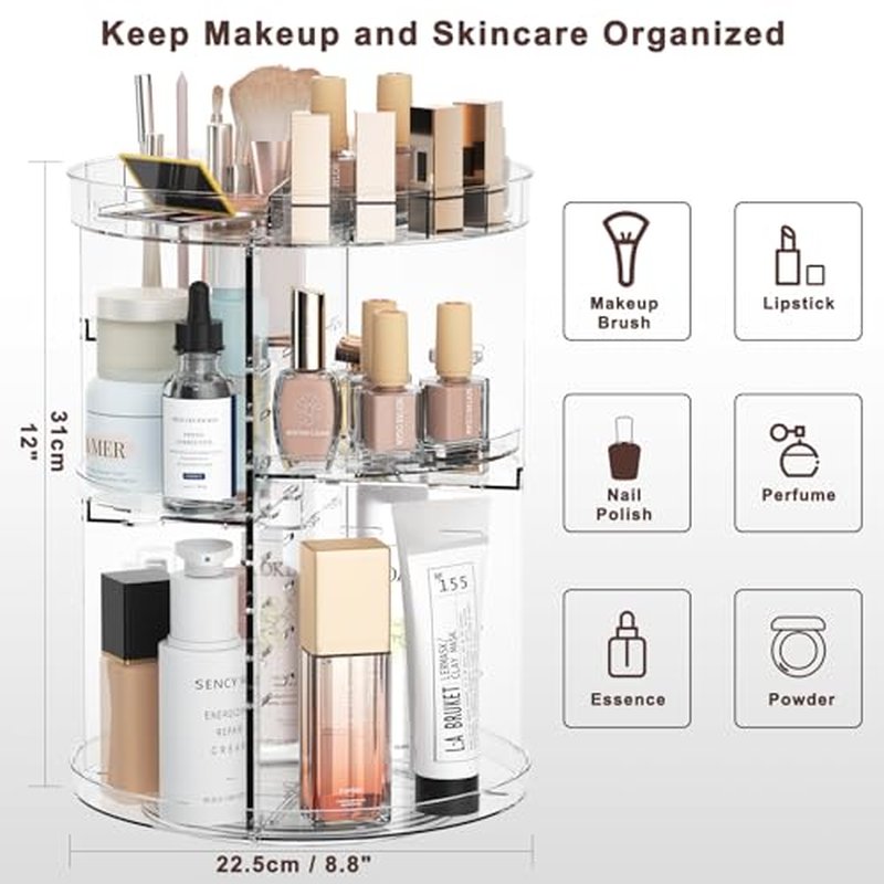 360 Rotating Makeup Organizer, Spinning Skincare Organizers with Slot Top, Makeup Organizers and Storage with 8 Adjustable Layers, Revolving Cosmetic Display Case for Vanity Bathroom Counter Black
