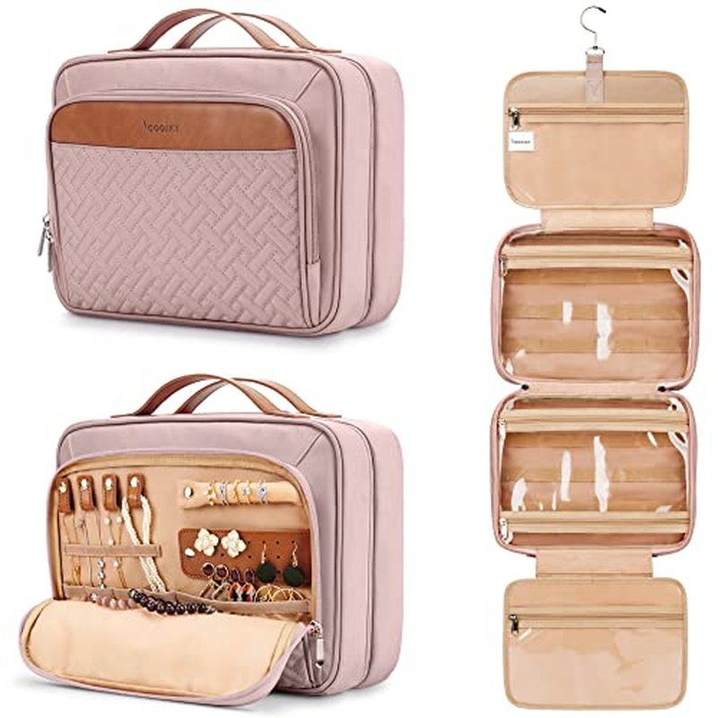 Travel Hanging Toiletry Bag for Women, Large Makeup Bag 8 Leak Proofing Silicone Bottle Covers, Waterproof Cosmetic Bag with Jewelry Organizer Compartment, Toiletries Kit Set, Pink