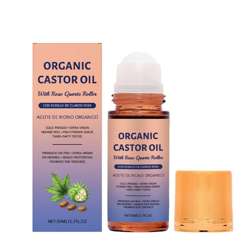 Organic Castor Oil Roll On, 100% Cold Pressed, with Rose Quartz Roller, for Brows, Lashes, Dry Skin & Face, Travel Friendly Leakproof Bottle (1p)
