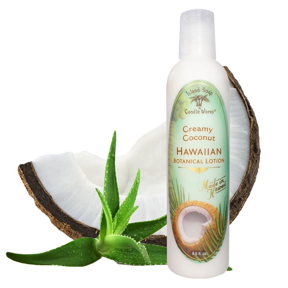 Island Soap and Candle Works Botanical Coconut Scented Body Lotion for Men and Women - Paraben Free Body Moisturizer - Hydrating Hawaiian Skincare - Creamy Coconut - 8.5 Fl Oz. Bottle