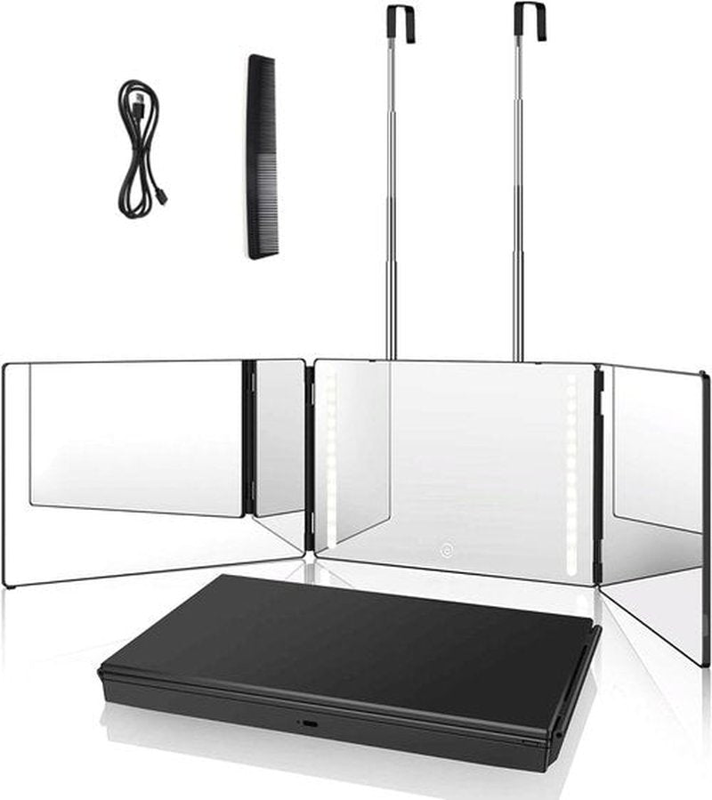LED 3 Way Mirror with Adjustable Lighting for Self Hair Cutting, 360 Mirror for Men Shaving & Women Dyeing Hair Braiding, Portable for Travel, Bedrooms, Bathroom (Black)