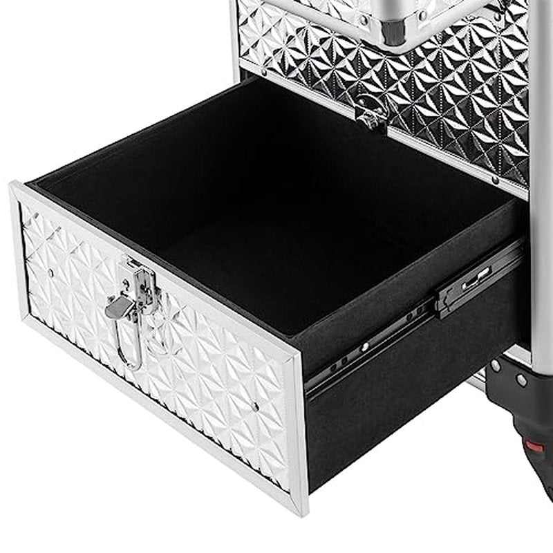 Rolling Makeup Train Case with Drawers, Cosmetic Travel Trolley, Storage Sliding Drawer 4 Tray Cosmetics Beauty Organizer Lockable Luggage Trolley (Silver)