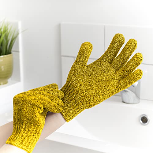 Temple Spring Exfoliating Gloves - Carbonized Rayon Bamboo Bath/Shower Gloves, Bath Gloves for Shower Exfoliating and Ingrown Hair/Dead Skin Remover - Exfoliator Mitt Scrub Gloves - Mustard Yellow