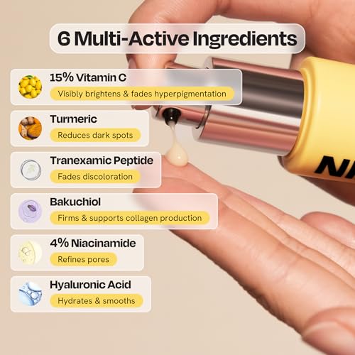Gleamin Superactive Vitamin C Serum for Face with 15% Vitamin C, Niacinamide, Bakuchiol & Hyaluronic Acid ? Skin Brightening Facial Serum for Women & Men ? Dark Spot Remover & Radiant Glow ? 1 fl oz