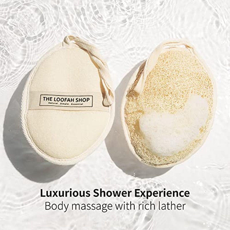 The Loofah Shop Bath Loofah Sponge, Exfoliating Body Scrubber, Shower Luffa for Men, Women and Kids Made of Eco-Friendly Natural Egyptian Loofah with Cotton Travel Pouch, 7" x 5.25" (1pack 2pcs)