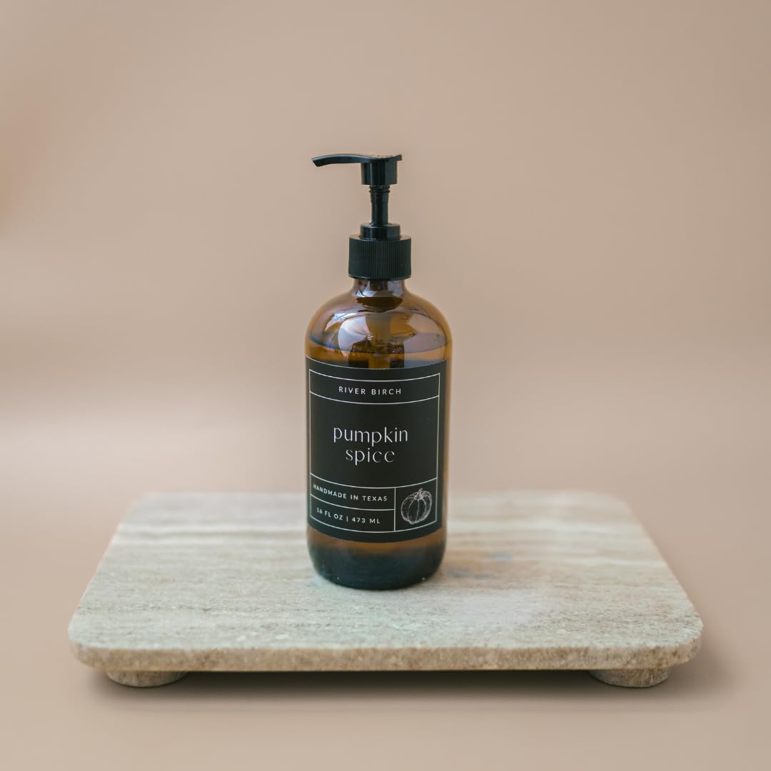 River Birch Pumpkin Spice Scented Natural Hand Soap -Handmade Soap -Moisturizing Hand Wash with Amber Glass Dispenser - Luxury Scented Hydrating Hand Soap - Vegan and Non-Toxic -16 Fl Oz