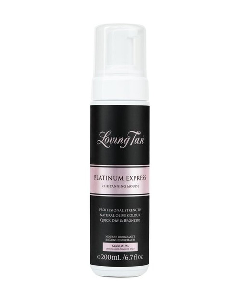 Loving Tan Platinum 2 HR Express Mousse, Darkest Shade Yet - Streak Free, Professional Strength Sunless Tanner - 10+ Self Tan Applications per Bottle, Cruelty Free, Naturally Derived DHA, 6.7 Fl Oz