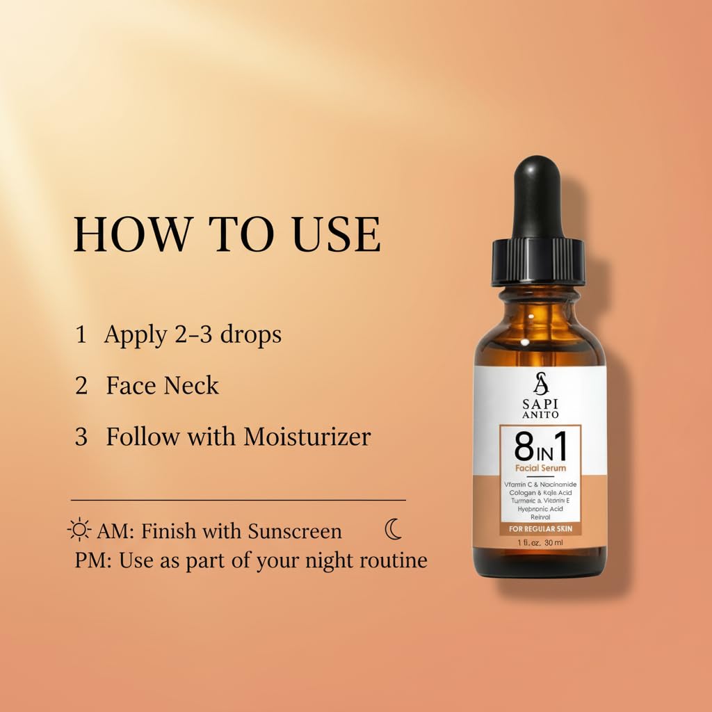Sapi Anito 8-in-1 Facial Serum for Regular Skin, 1 fl oz (30 ml) – Vitamin C, Niacinamide, Hyaluronic Acid, Retinol, Kojic Acid, Turmeric, Vitamin E & Collagen