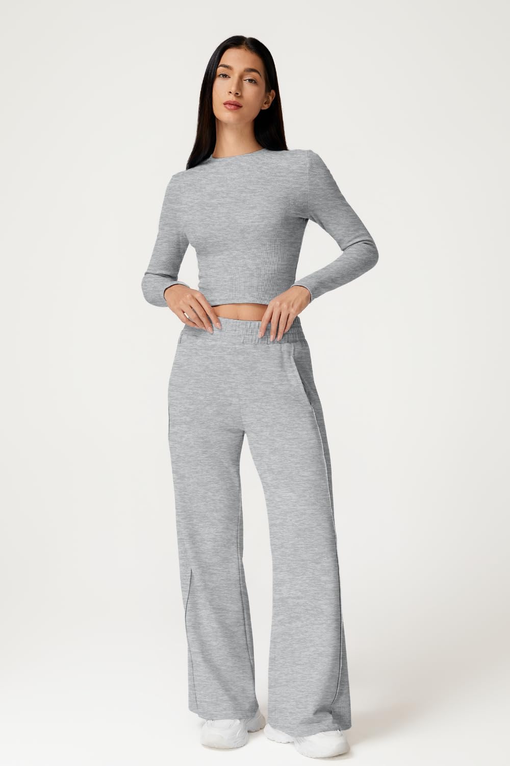 QINSEN 2 Piece Lounge Sets for Women Crewneck Long Sleeve Tops Wide Leg Pants Fall OutfitsGrey L