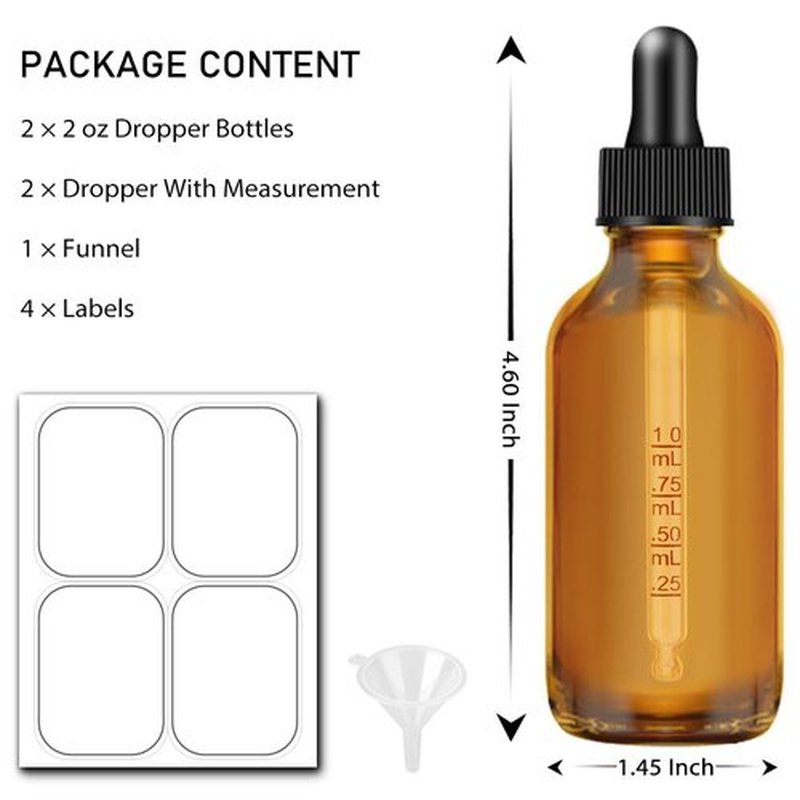 Bumobum 2 oz Clear and Amber Bottle, 2 pack Glass Dropper Bottles for Essential Oils Bottles with Funnel, Labels and Measured Dropper - Leakproof Lap dispensing Bottles
