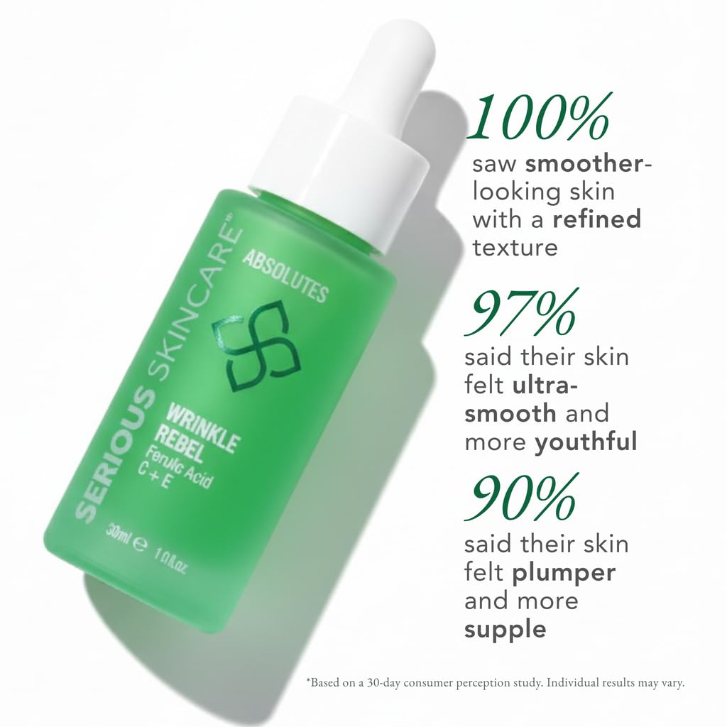Serious Skincare Vitamin C Face Serum with Ferulic Acid, Bakuchiol, Vitamin E, B5, Absolutes Wrinkle Rebel Anti-Aging Face Serum for Fine Lines, Wrinkles and Dark Spots, 1 oz.