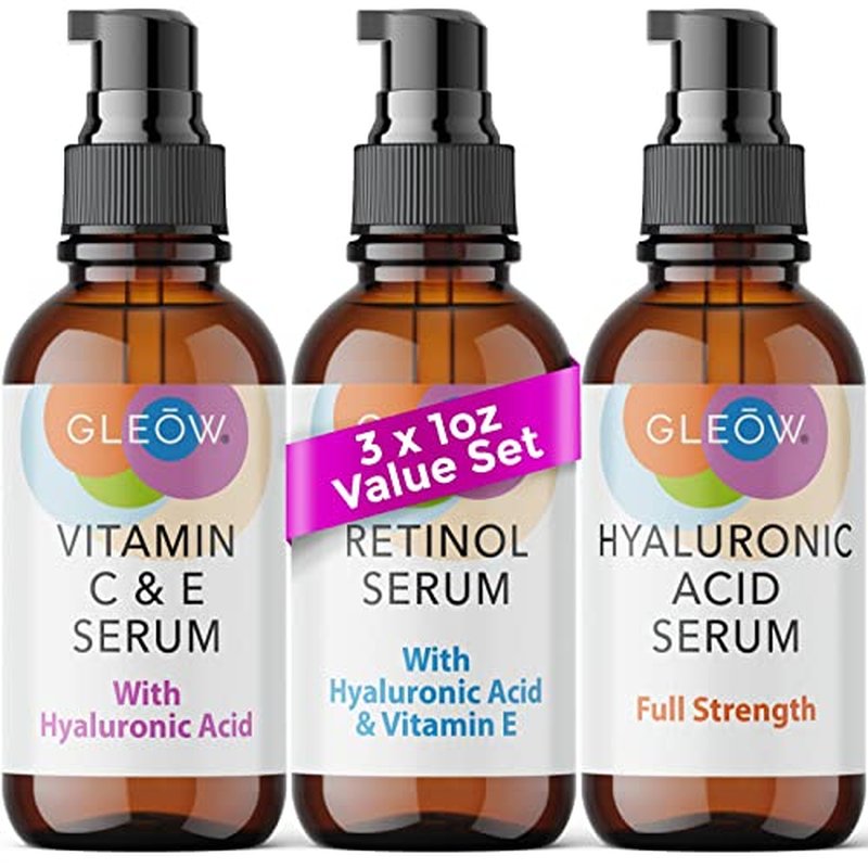 GLEOW Retinol Serum for Face - Vitamin C Face Serum with Hyaluronic Acid Serum for Face - Vitamin C Serum for Face - Retinol for Face - Hydrating Face Serum for Women and Men 3x1oz - Glow Face Serums