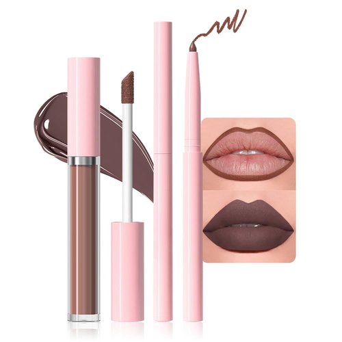 JUAAZIN 2pcs Light Brown Matte Lip Liner and Lipstick Makeup Set, Vegan Lipstick Lip Liner and Gloss Set Lip Stain Long Lasting Waterproof Smudge-Proof Properties Non-stick Cup(Light Brown 05#)