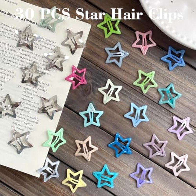 30 PCS 1.22" Sparkling Star Hair Clips Snap Star Hair Accessories Non Slip Star Clips for Girls Women Children's Multicolor Metal Hair Clips Star Hair Barrettes Star Hair Clips for Women