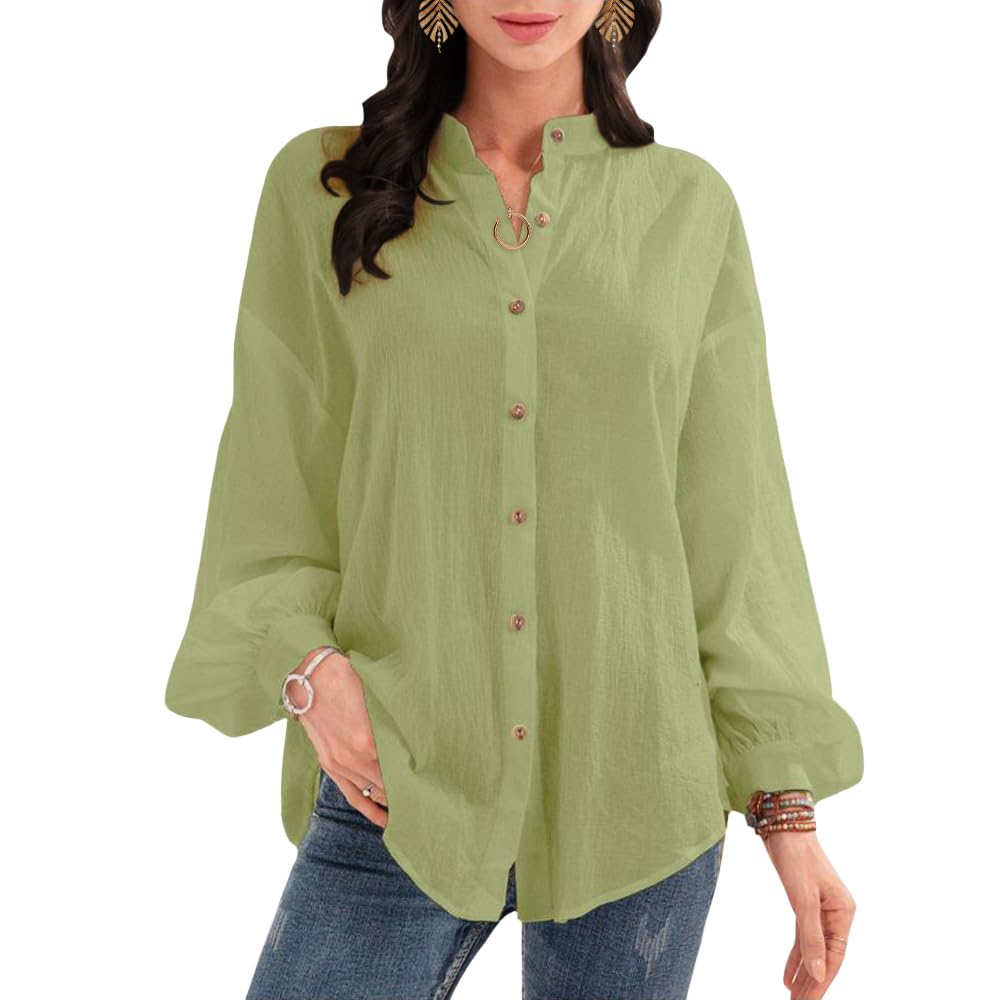 Women's Cotton Blend Henly Shirt V Neck Shirt Casual Work Lounge Blouse Tops Button Down Shirts Plain Solid Green