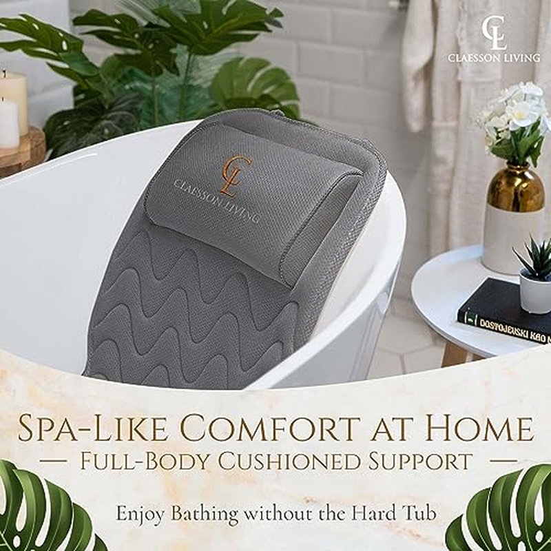 Claessonliving Full-Body Bath Pillow (17'' x 49'') - Bathtub Cushion with Headrest Supports Neck, Back and Legs - Free Hanging Hooks for Fast Drying Over Tub - Includes Washing and Travel Bags - Gray