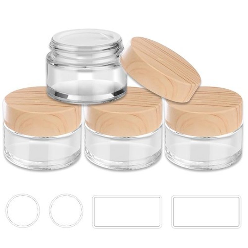 1 oz Small Glass Containers, Glass Jars with Plastic Woodgrain Lids & Inner Liners, Reusable Travel Containers for Creams, Makeup, Lotion, Cosmetic - 4 pack