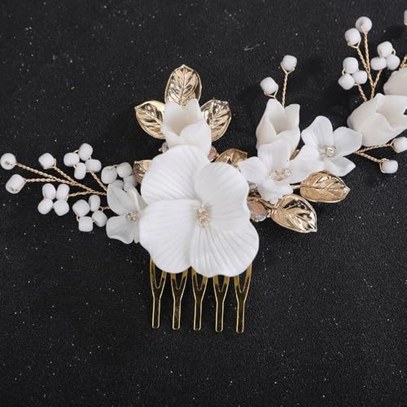 Teyglen Floral Flower Bride Wedding Hair Comb Gold Leaf Headpiece with Flower Bridal Side Comb Hair Accessories for Women Wedding Hair Piece (Gold)