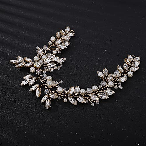 Teyglen Wedding Bride Rhinestones Pearls Crystal Headband Hair Vine Handmade Bridal Headband Wedding Hair Accessories for Brides Hair Pieces Headpieces for Women(Gold)