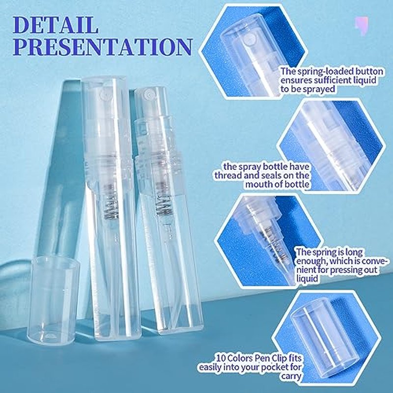 Fandamei 3ml Mini Spray Bottle, 10 Pack 3ml Mini Clear Plastic Spray Bottle Empty, Fine Mist Refillable Mini Perfume Bottle, Perfume Atomizer, Small Empty Sample Containers for Travel Portable