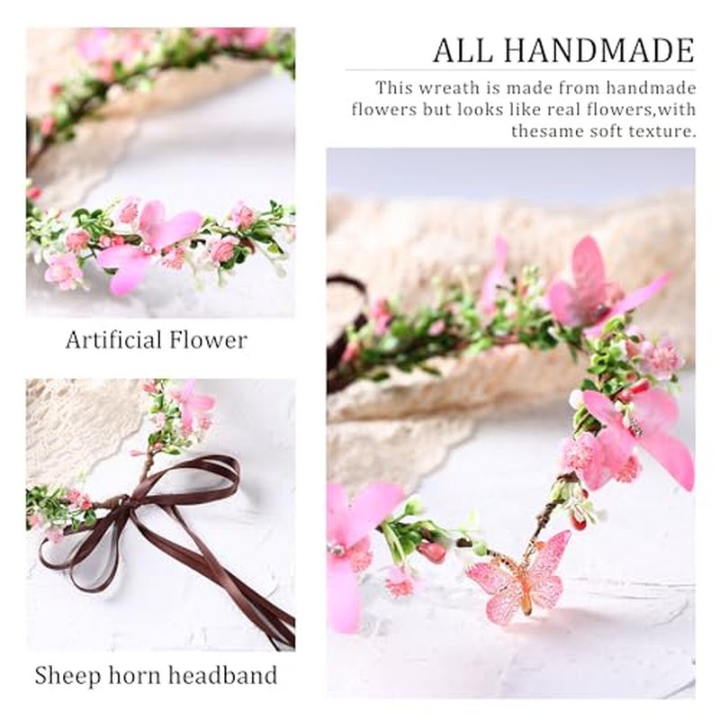 MOSTORY Pink Elf Flower Crown - Handmade Butterfly Fairy Headpiece Floral Circlet Woodland Tiara for Renaissance Renfaire Spring Wedding Fairy Costume Women Cosplay