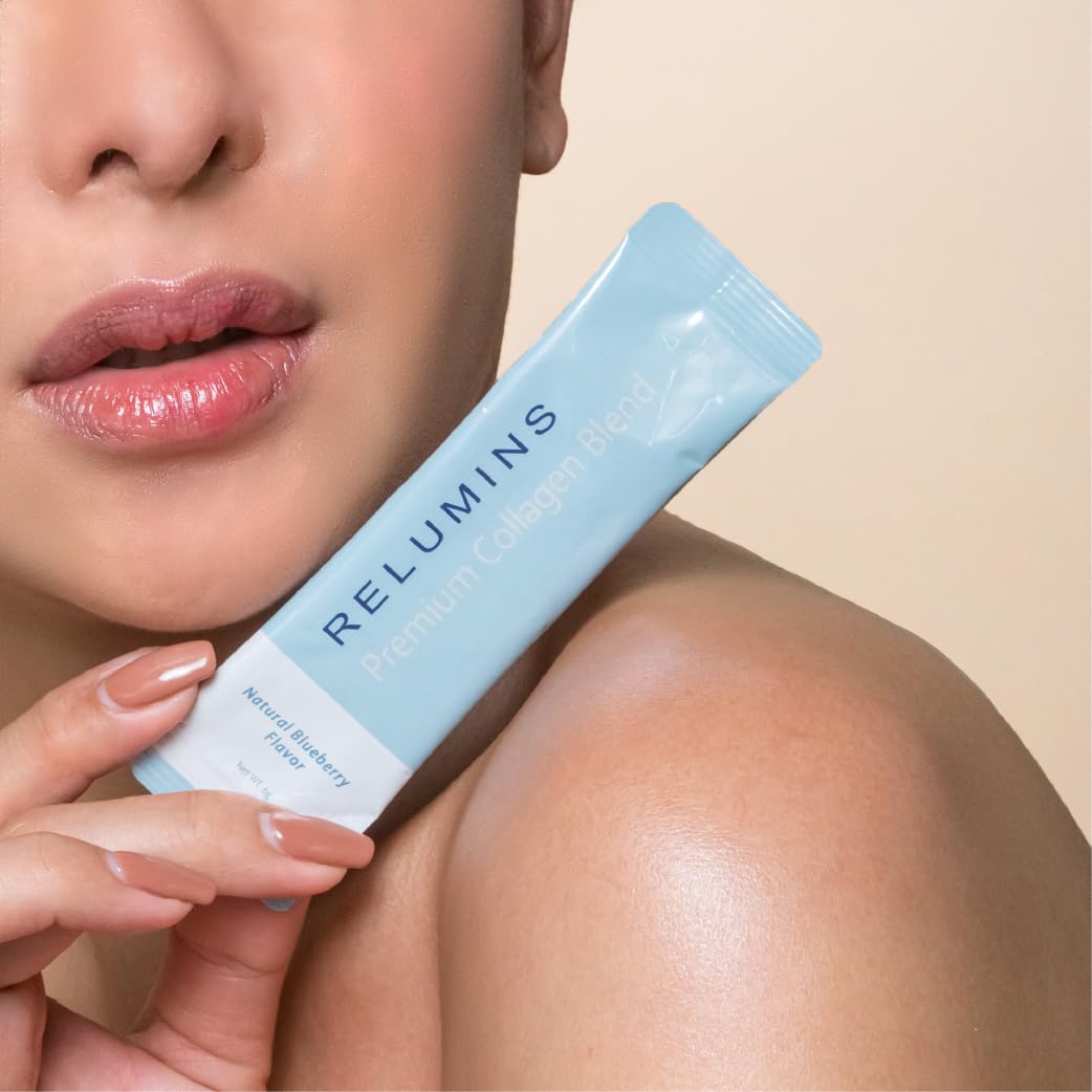 Relumins Marine Collagen Drink Mix 5000mg Type I, II, III Peptides with Glutathione, Green Tea, CoQ10 & Hyaluronic Acid for Smooth Glowing Skin - Blueberry Flavor - 20 Sachets + 2 Free