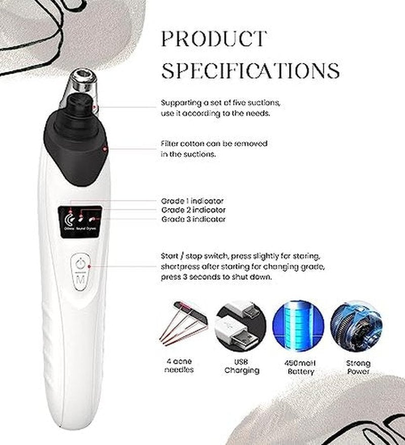 2024 Blackhead Remover Pore Vacuum,Facial Pore Cleaner-5 Suction Power,5 Probes,USB Rechargeable Blackhead Vacuum Kit Electric Acne Extractor Tool for Adult (Black)