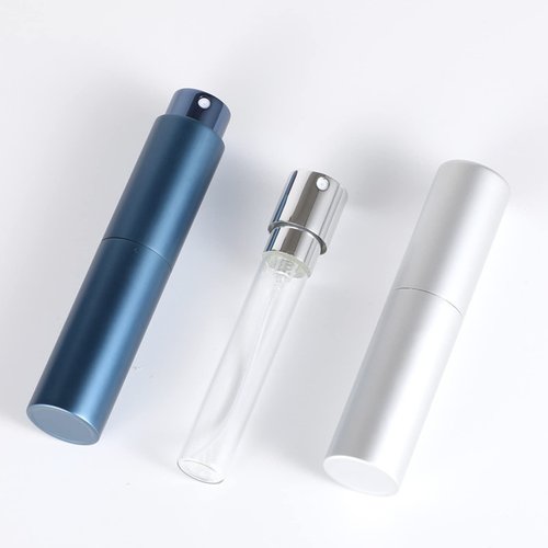Portable Mini Refillable Perfume Bottle, 2 Pcs Travel Size Perfume Atomizer Empty Spray Bottle Scent Pump Case for Outdoor and Traveling with Funnel and Perfume Diffuser (10ml (Black+Dark Blue))