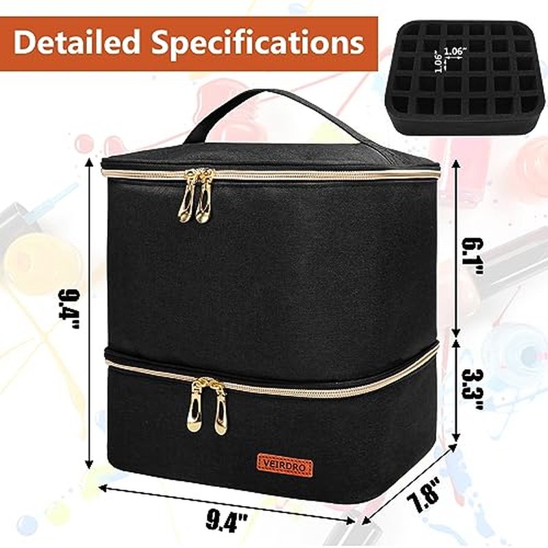 Veirdro Nail Polish Organizer Bag Holds 30 Bottles (15ml/0.5 fl.oz)& Nail Lamp, Portable Travel Nail Kit Storage Carrying Case, Double Layer Nail Supplies Holder Bag PU Leather Women (Elegant Black)