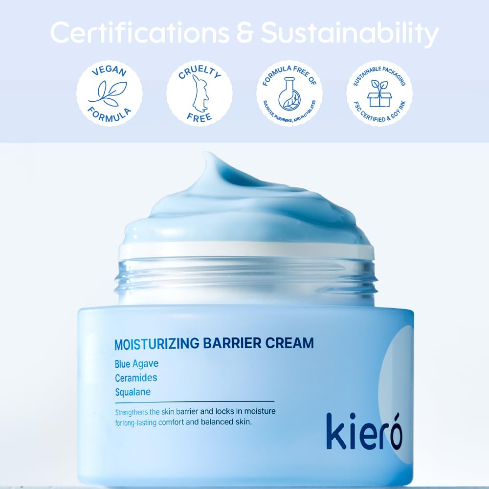 Kiero Moisturizing Barrier Cream - Hydrating Daily Face Moisturizer with Blue Agave, Ceramides & Squalane for All Skin Types - Vegan, Soothing Facial Lotion Barrier Repair Korean Skin Care (1.76 oz)