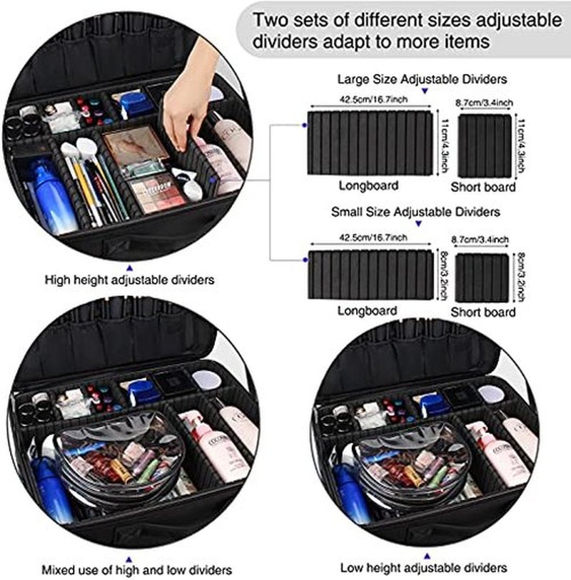 Relavel Travel Makeup Train Case Makeup Cosmetic Case Organizer Portable Artist Storage Bag with Adjustable Dividers for Cosmetics Makeup Brushes Toiletry Jewelry Digital Accessories Black