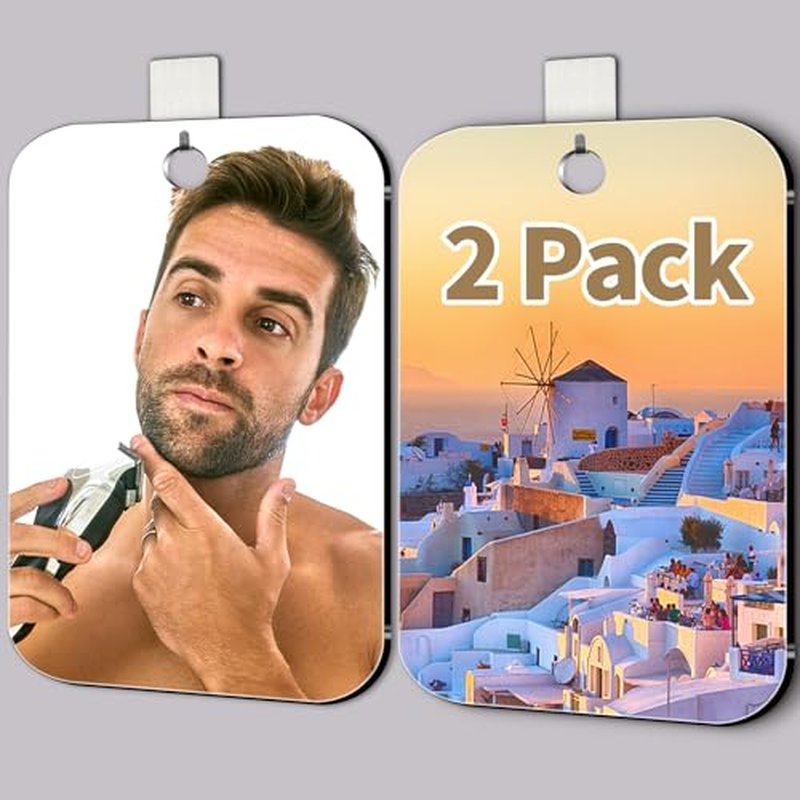2 Pack Shower Mirror Fogless for Shaving, Medium 8 x 6 inch Plexiglass Hand Mirror for Shower, Plastic Small Wall Mirror for Travel, Unbreakable Shower Little Mirror, Camping Mirror, Hanging, Espejos