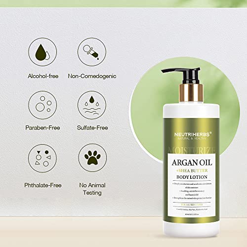 Neutriherbs Body Lotion for Women and Men, Argan Oil + Shea Butter Body Cream, Deep Moisture and Soothin Skin, Plump Bottle - 13.52 Fl Oz