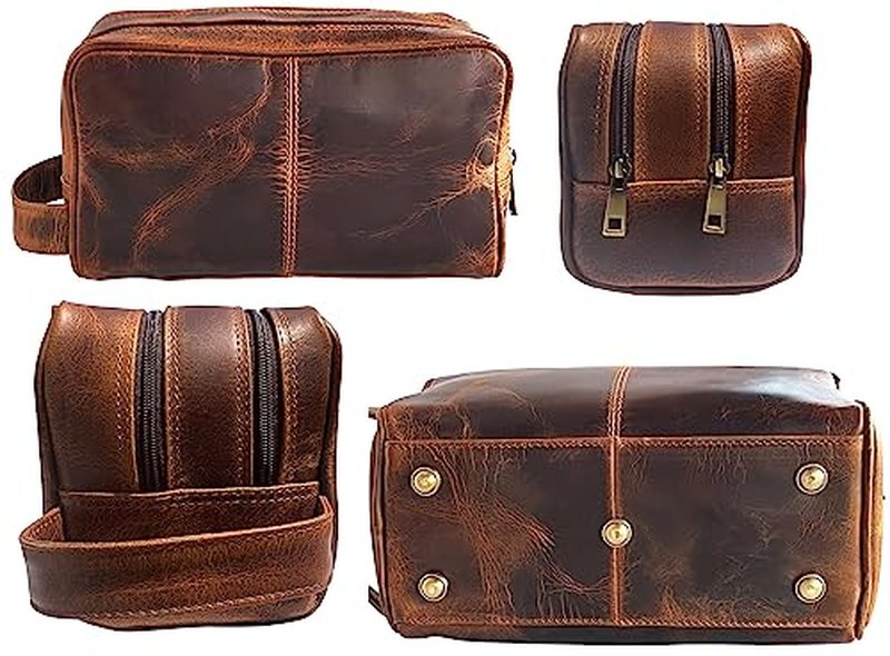 RUSTIC TOWN Leather Toiletry Bag for Men - Travel Shaving Dopp Kit - Bathroom Shower Toiletries Organizer - Leather Cosmetic Bag for Women (Antique Brown)