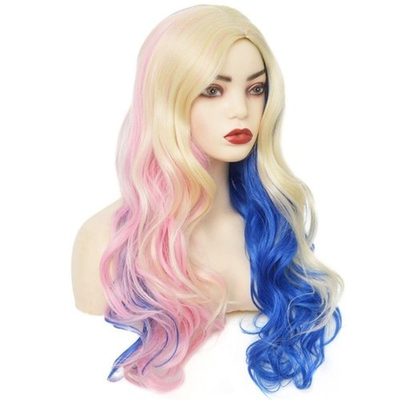 Amnenl Long Curly Wavy Blonde Pink Blue Ombre Wig for Women Realistic Synthetic Cosplay Halloween Hair Wigs