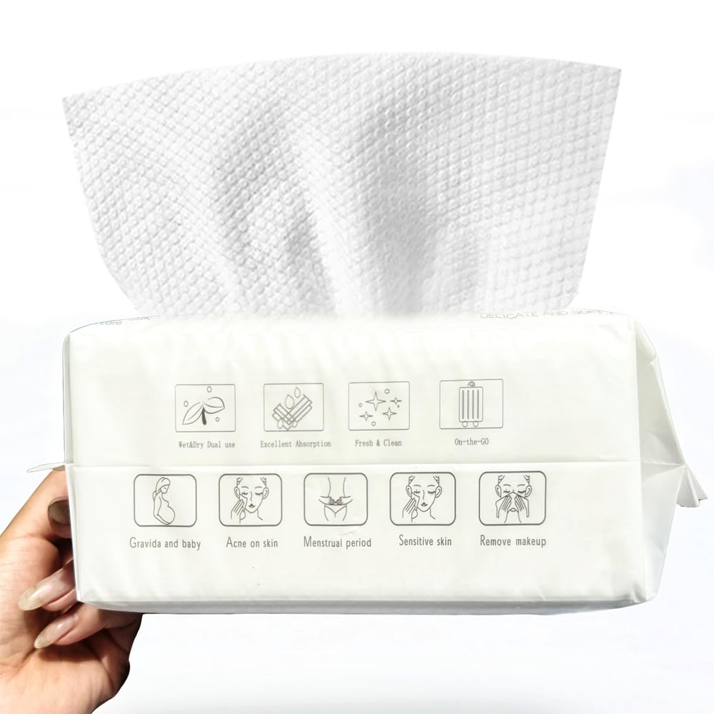Disposable Cotton Facial Cleansing Dry Wipes, White, Soft Towelettes for Face, 100 Count (M-01)