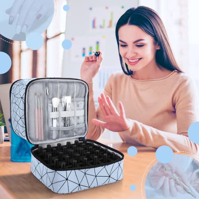 Nail Polish Organizer Case,Fingernail Polish Travel Organizer with Handle, Holds 30 Bottles,1 Led Nail Lamp & Nail Art Supplies,Double Layer Nail Polish Carrying Case with Detachable Interior(Blue)