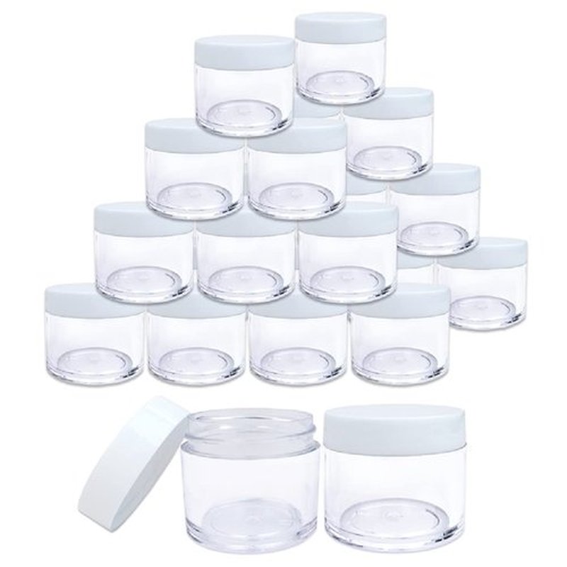 Beauticom 30g/30ml (1 fl. oz.) Double Wall Clear Plastic Leak Proof Jars with Flat Top Lids for Creams, Lotions, Make Up, Powders, Glitters, and more... (Color: White Lid, Pieces: 24)