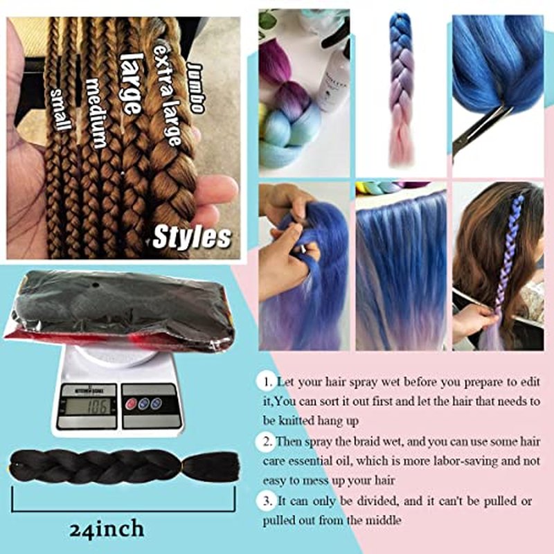 Black and White Braiding Hair Extensions White Jumbo Braiding Hair 24inch 6Packs Soft Synthetic Hair Extensions for Box Braids #Black-Grey-White