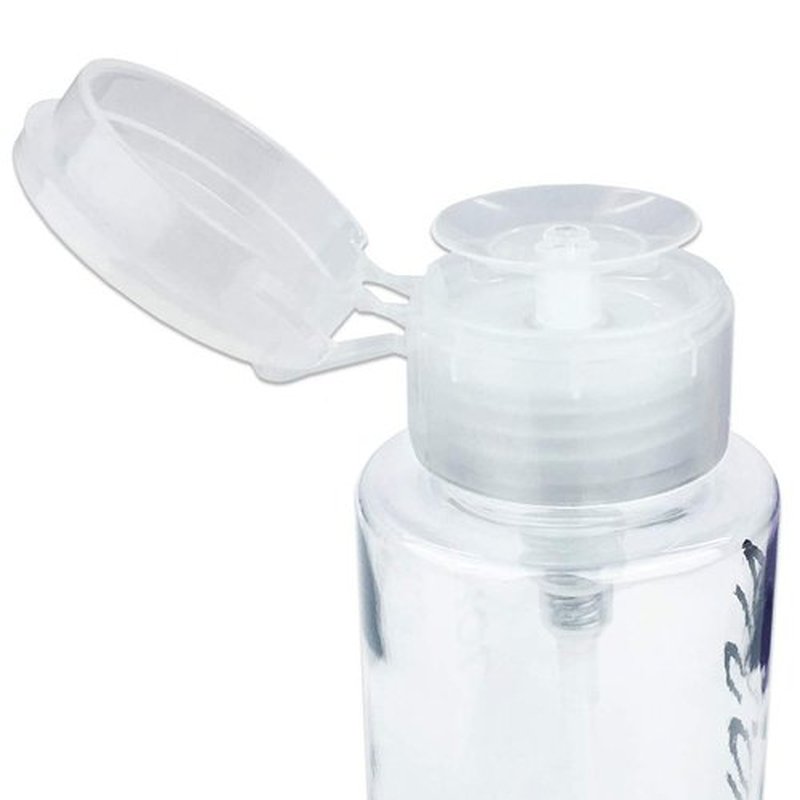 7oz Push Down Pump Dispenser Flip Top Cap Refillable Empty Bottle - Clear with Word Imprint - Lockable Travel Cosmetic Packaging Empty Bottle for Nail Polish Manicure
