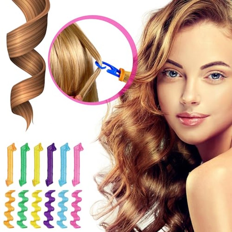 Yilloog 60-Piece Spiral Curlers Styling Kit - 2 Styles No-Heat Silicone Wave Curlers with Hooks and Bags for Long, Medium, and Short Hair (7.8 Inch)