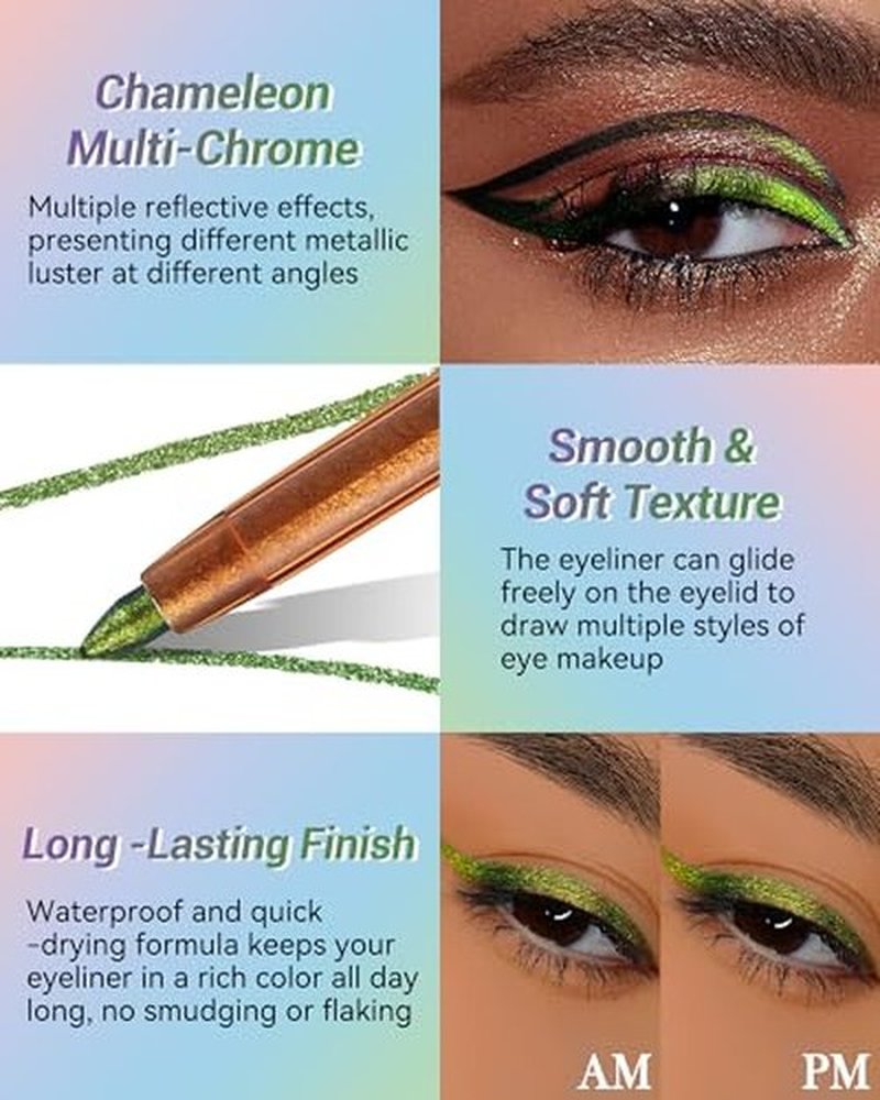 Metallic Multichrome Eyeliner Pencil, Green Glitter Eyeliner Gel Eye Liner Pencils, Waterproof Smudge-proof Longwear, Multi-Use Sharpenable Colored Eyeliner Eyeshadow Makeup Pen, Delineador De Ojos-01